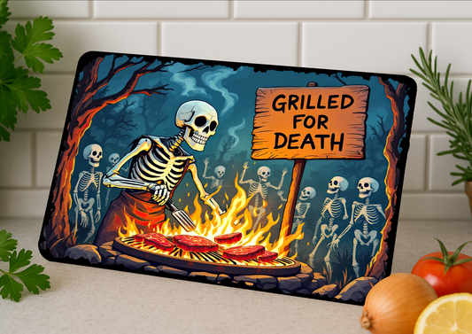 Glass Chopping Board-Skeleton “Grilled for Death” Design-Goth-Halloween
