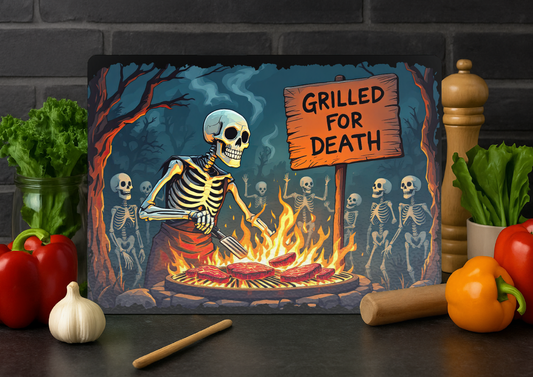 Glass Chopping Board-Skeleton “Grilled for Death” Design-Goth-Halloween