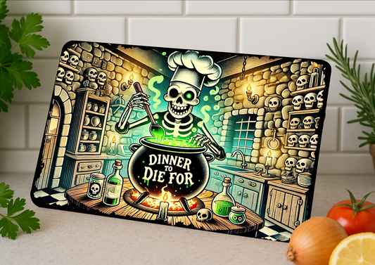 Glass Chopping Board-Skeleton Chef “Dinner to Die For” | Gothic Halloween Kitchen Décor