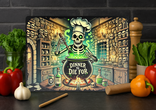 Glass Chopping Board-Skeleton Chef “Dinner to Die For” | Gothic Halloween Kitchen Décor
