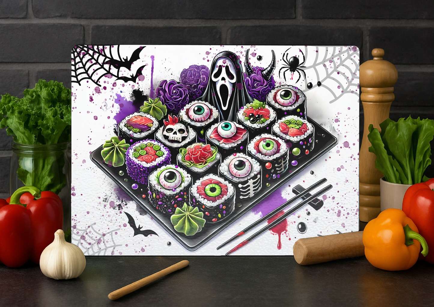 Glass Chopping Board-Gothic Halloween Sushi Horror Design-Creepy Kitchen Décor