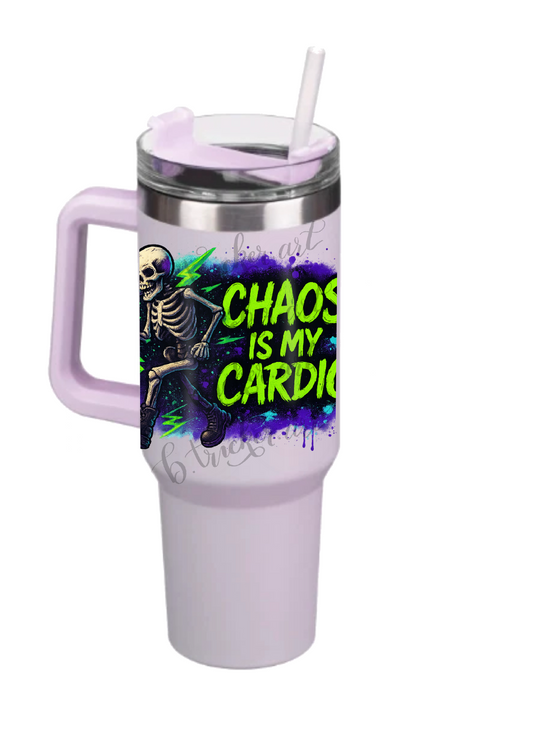 40oz Tumbler Chaos Is My Cardio Double Walled Stainless Steel with Handle & Straw – Funny Gothic Skeleton Mug – Alt Halloween Gift for Coffee Lovers