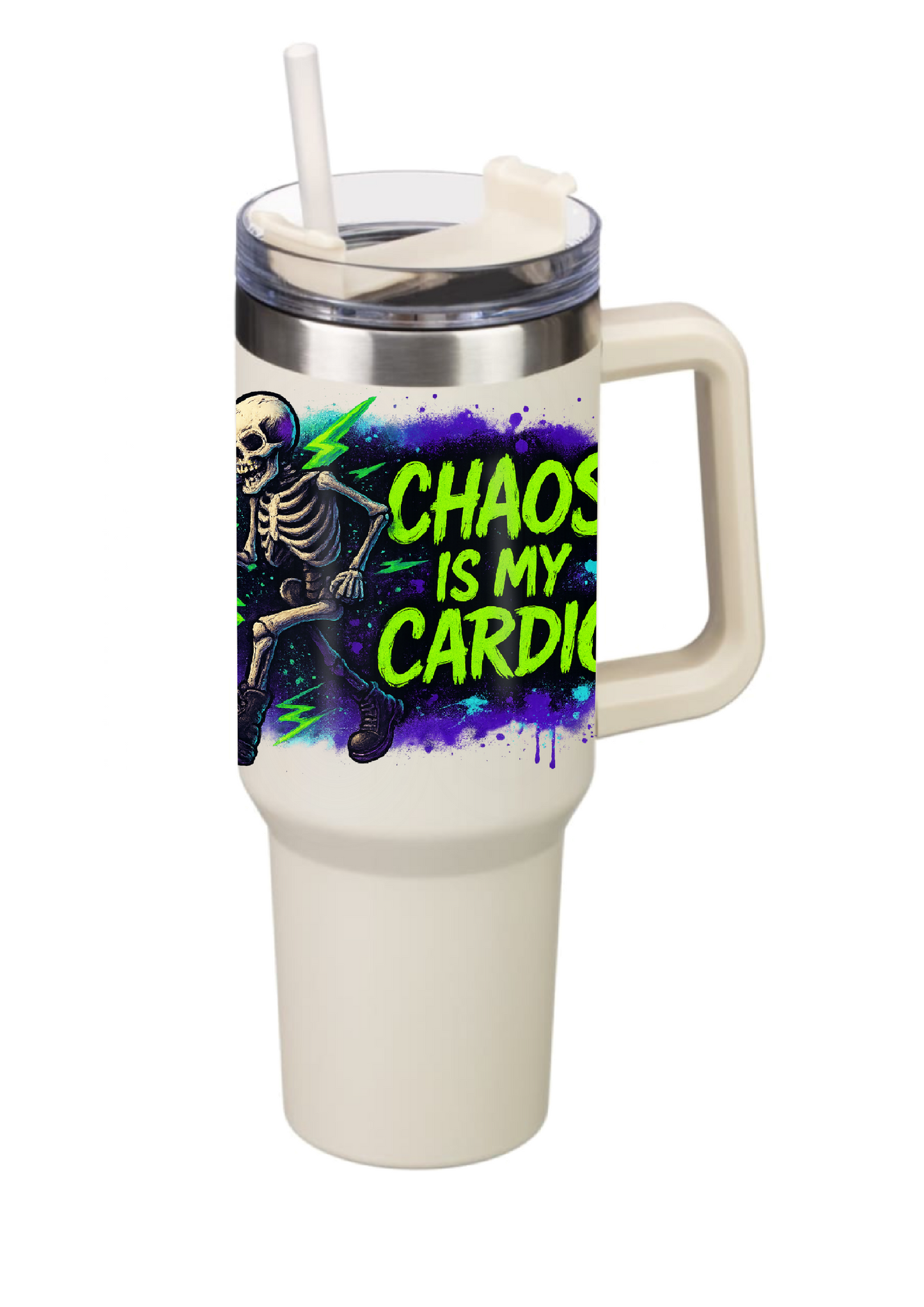 40oz Tumbler Chaos Is My Cardio Double Walled Stainless Steel with Handle & Straw – Funny Gothic Skeleton Mug – Alt Halloween Gift for Coffee Lovers