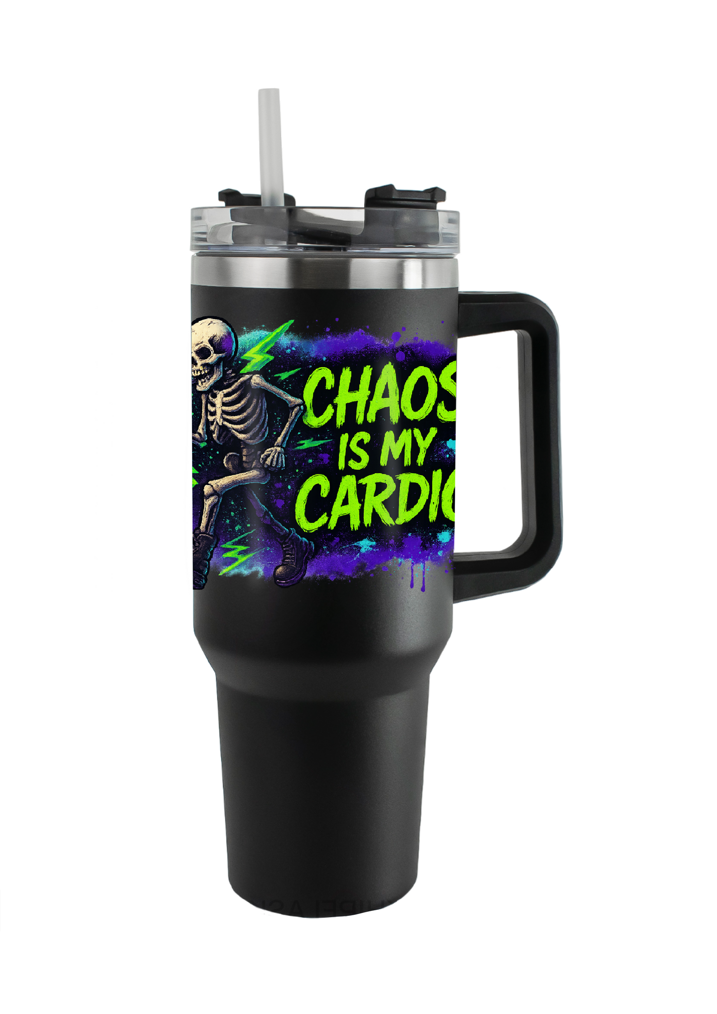 40oz Tumbler Chaos Is My Cardio Double Walled Stainless Steel with Handle & Straw – Funny Gothic Skeleton Mug – Alt Halloween Gift for Coffee Lovers