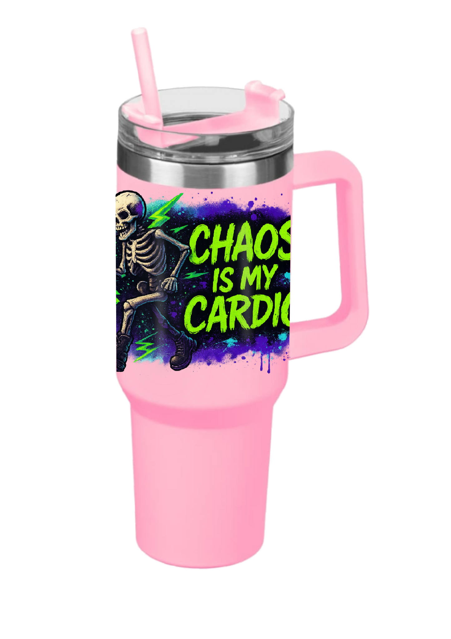 40oz Tumbler Chaos Is My Cardio Double Walled Stainless Steel with Handle & Straw – Funny Gothic Skeleton Mug – Alt Halloween Gift for Coffee Lovers