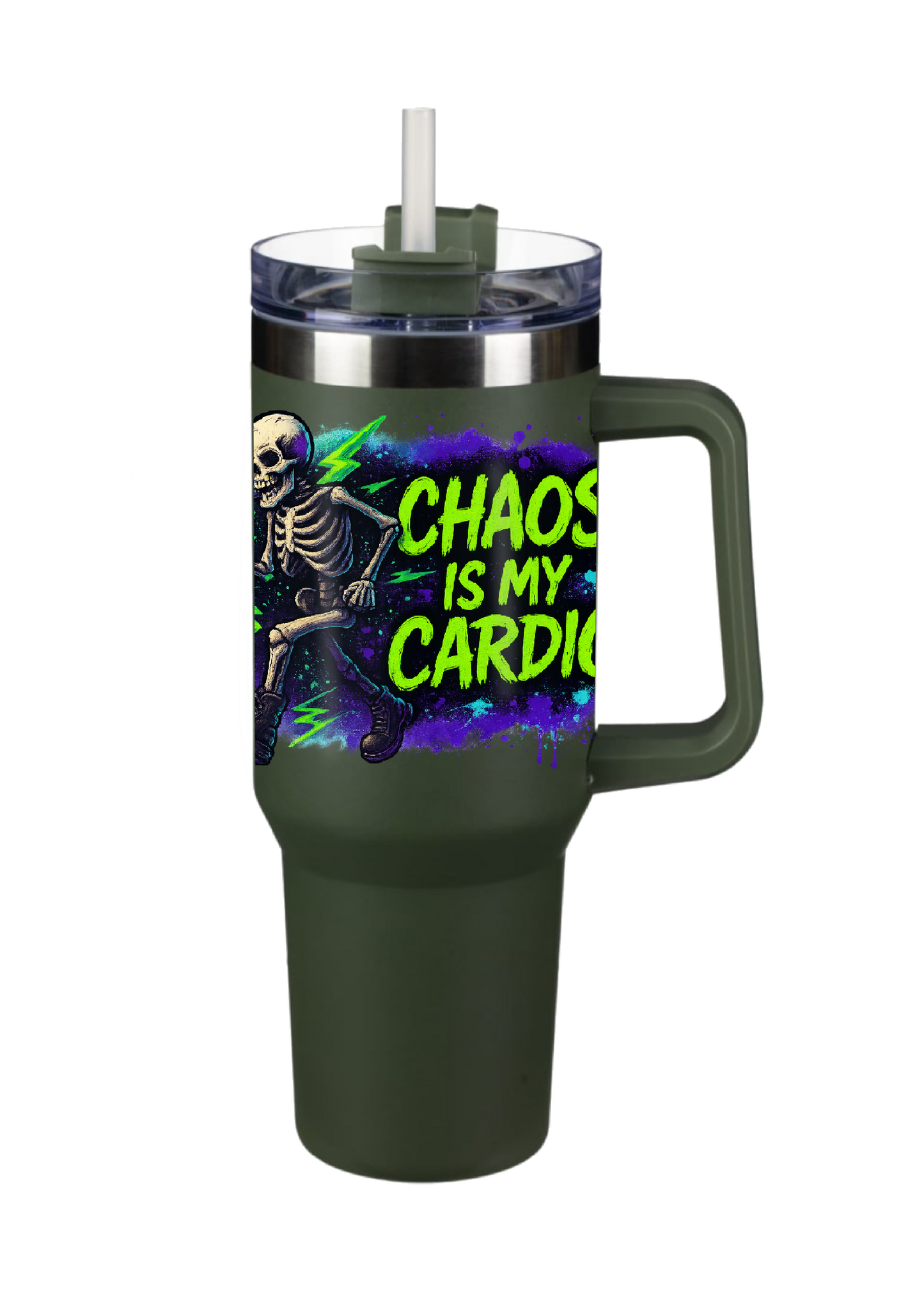 40oz Tumbler Chaos Is My Cardio Double Walled Stainless Steel with Handle & Straw – Funny Gothic Skeleton Mug – Alt Halloween Gift for Coffee Lovers