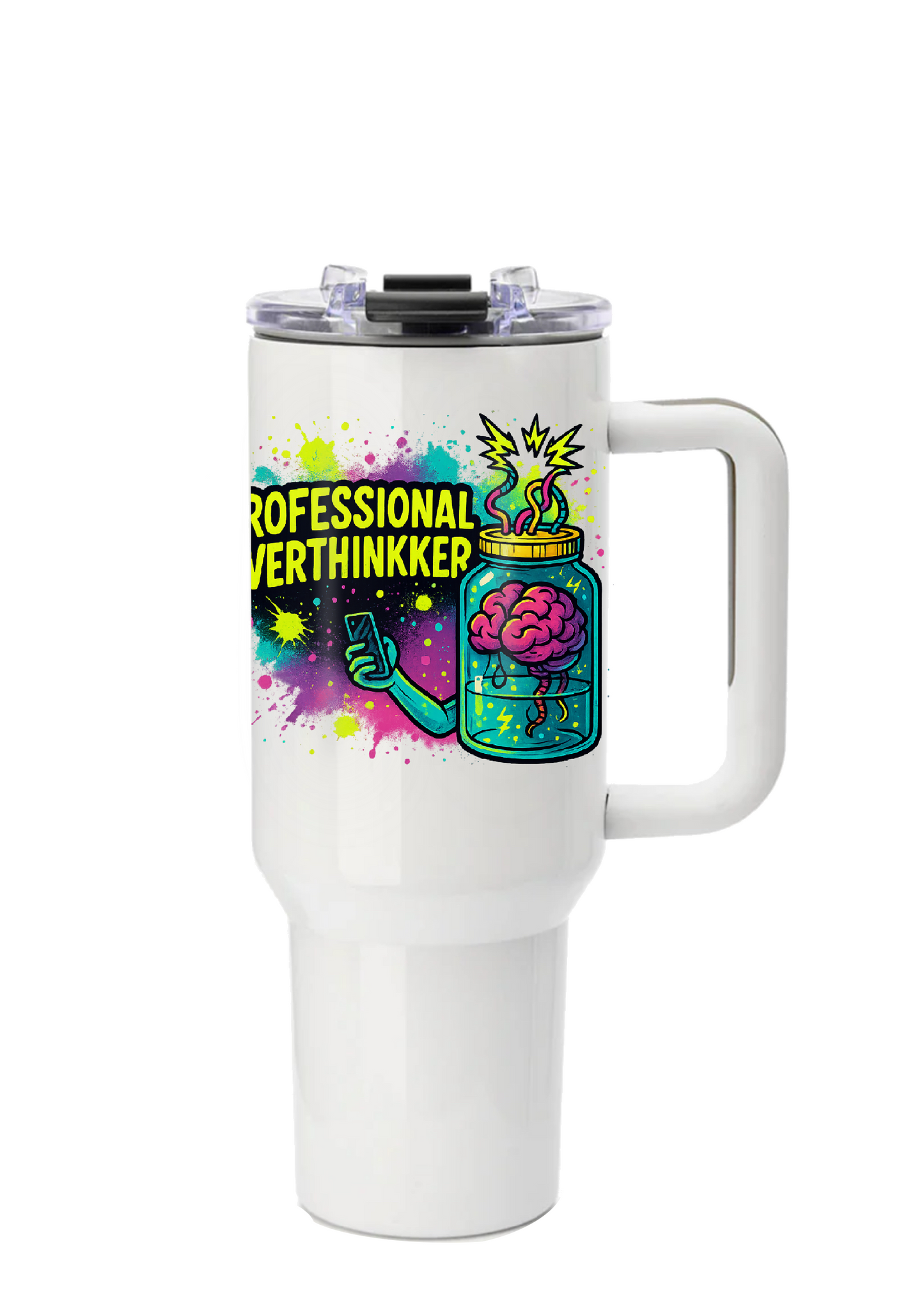 40oz Tumbler – Professional Overthinker – Double Walled Stainless Steel with Handle & Straw – Funny Neon Alt Mug – Sarcastic Gift for Coffee Lovers