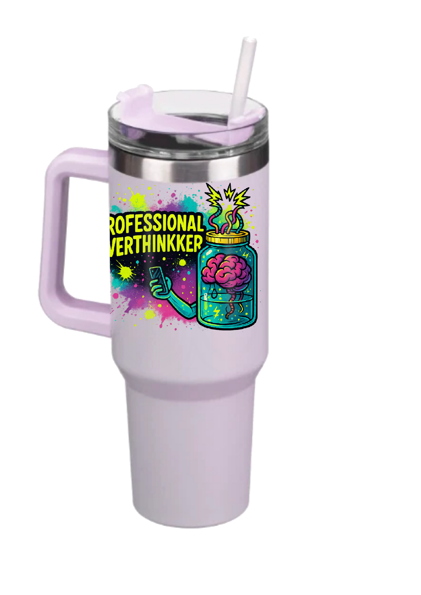 40oz Tumbler – Professional Overthinker – Double Walled Stainless Steel with Handle & Straw – Funny Neon Alt Mug – Sarcastic Gift for Coffee Lovers