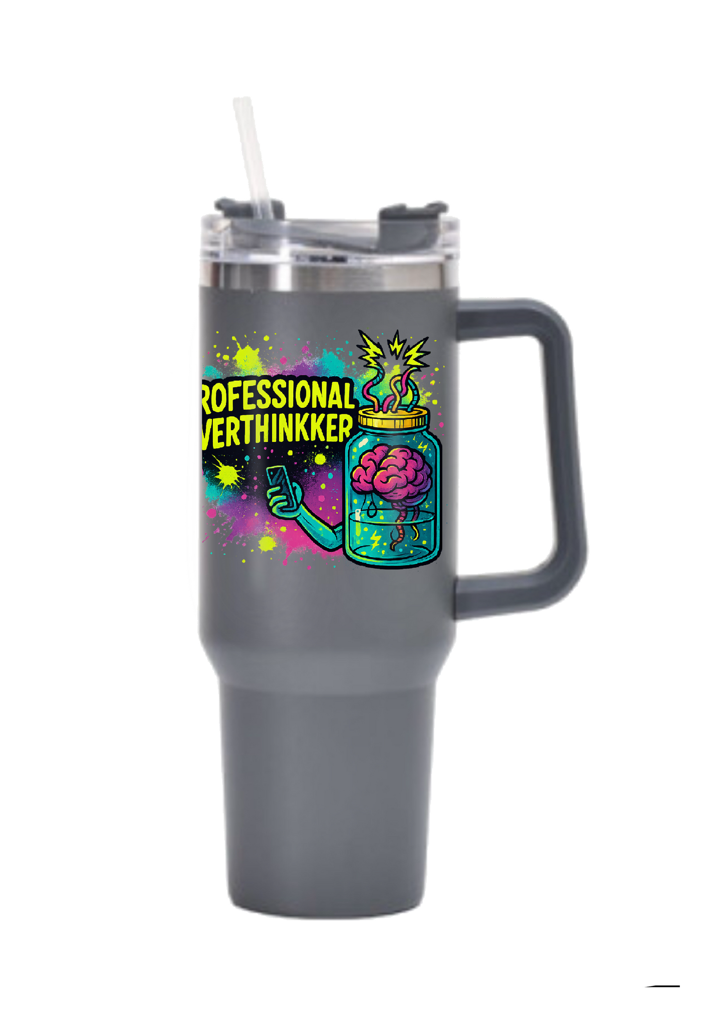 40oz Tumbler – Professional Overthinker – Double Walled Stainless Steel with Handle & Straw – Funny Neon Alt Mug – Sarcastic Gift for Coffee Lovers