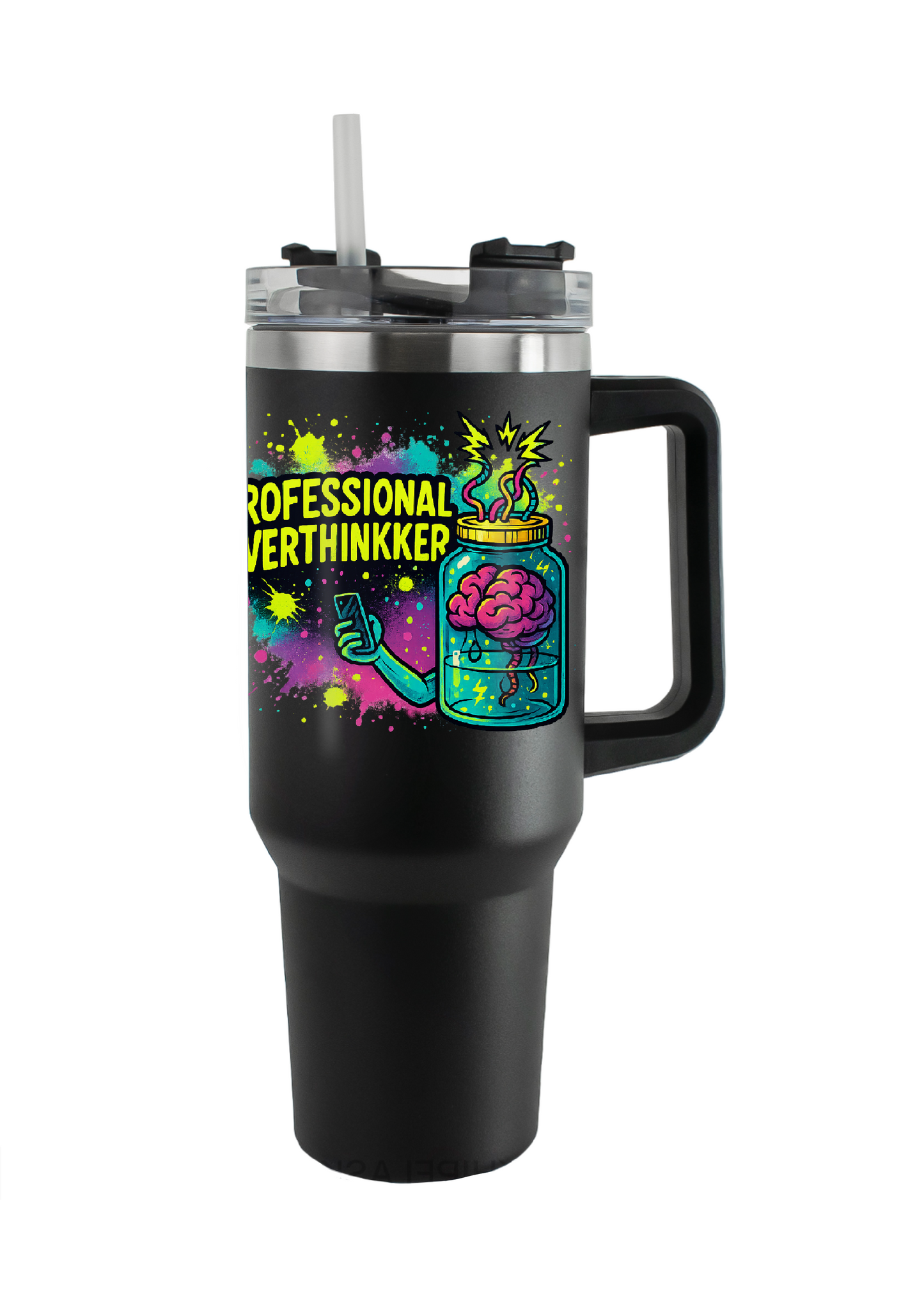 40oz Tumbler – Professional Overthinker – Double Walled Stainless Steel with Handle & Straw – Funny Neon Alt Mug – Sarcastic Gift for Coffee Lovers