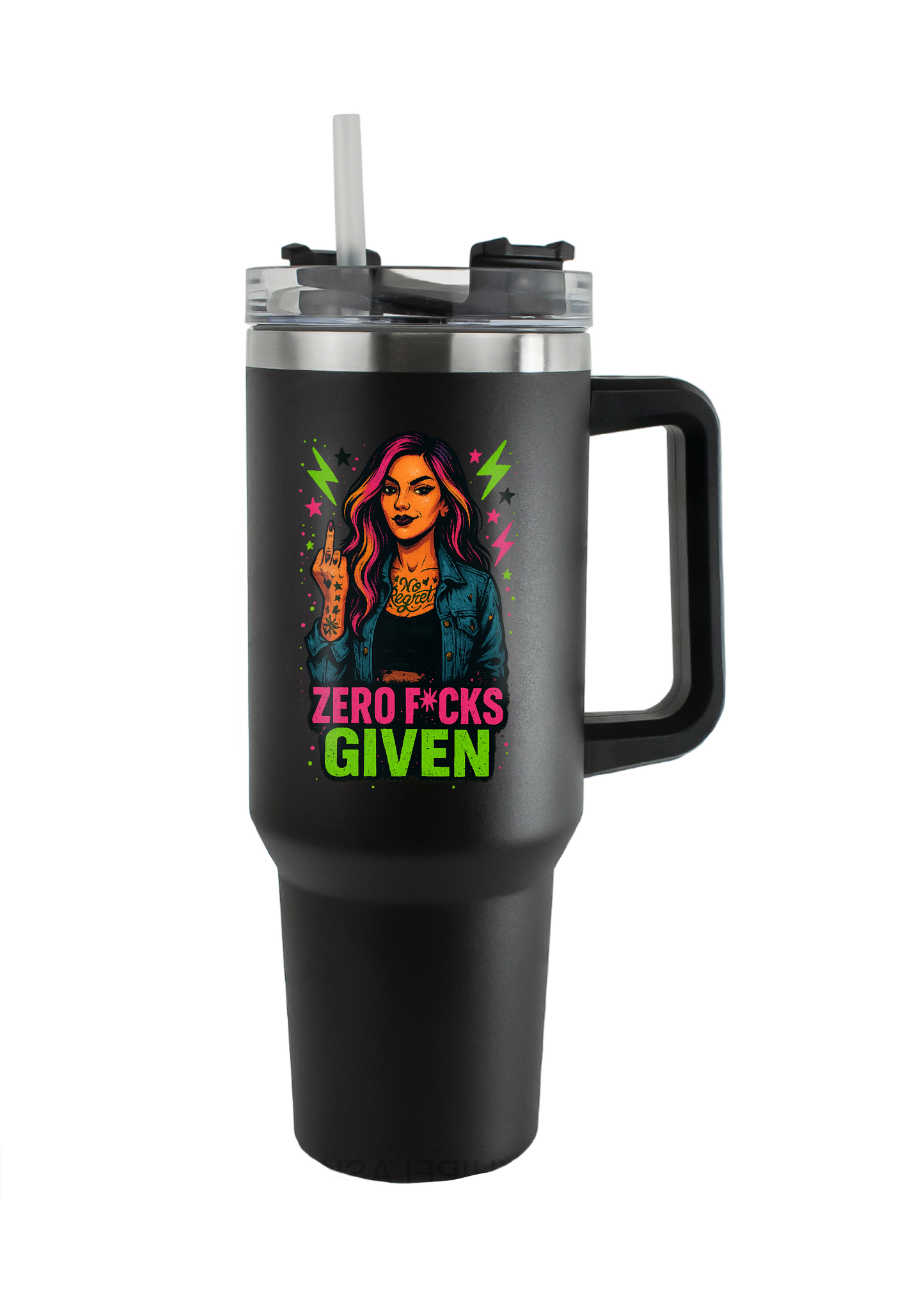 40oz Tumbler – Zero F*cks Given – Double Walled Stainless Steel with Handle & Straw – Funny Gothic Alt Mug – Sarcastic Gift for Coffee Lovers