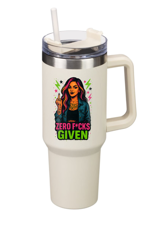 40oz Tumbler – Zero F*cks Given – Double Walled Stainless Steel with Handle & Straw – Funny Gothic Alt Mug – Sarcastic Gift for Coffee Lovers