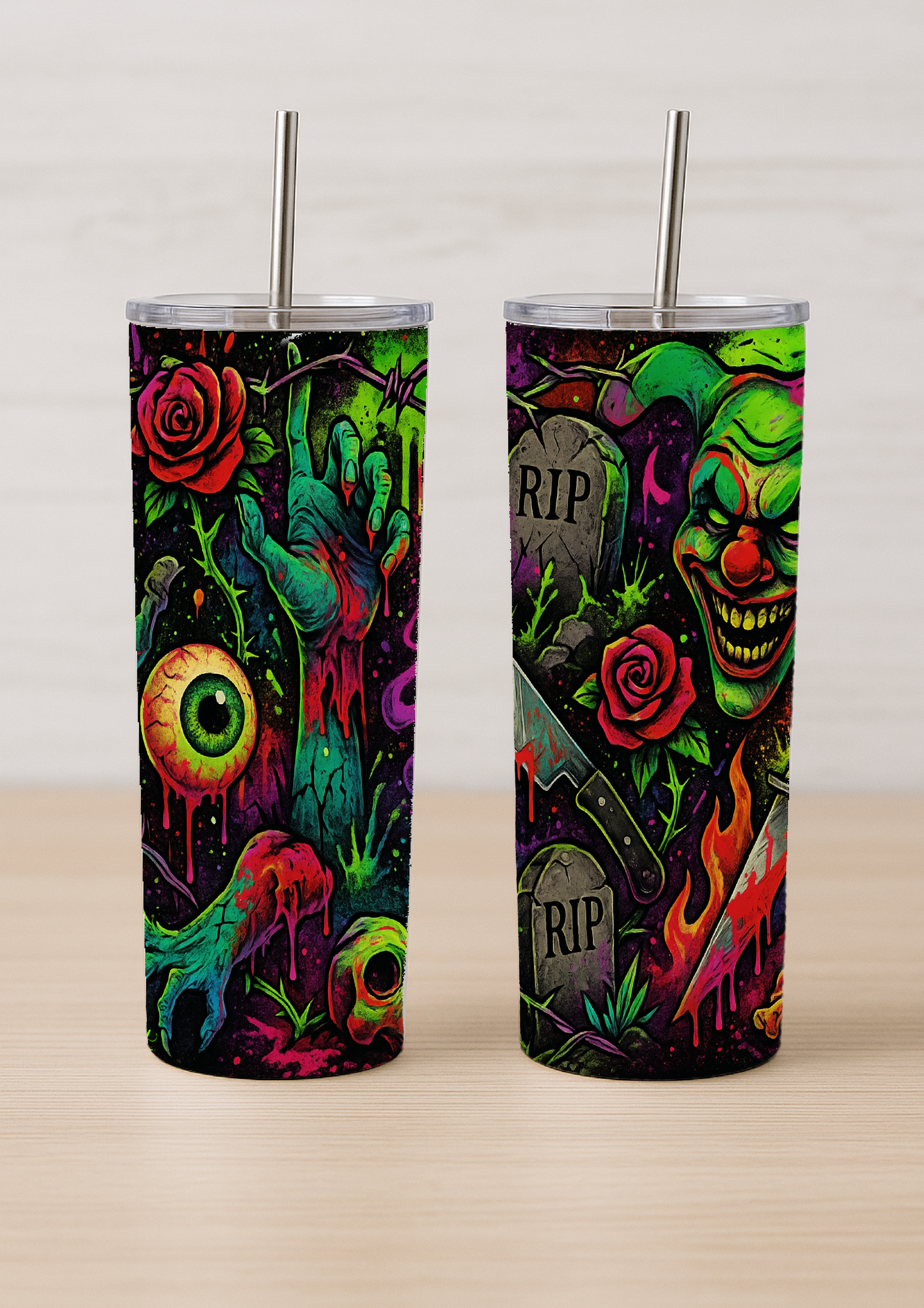Horror 20oz Tumbler – Zombie Hand & Killer Clown | Neon Graveyard Design
