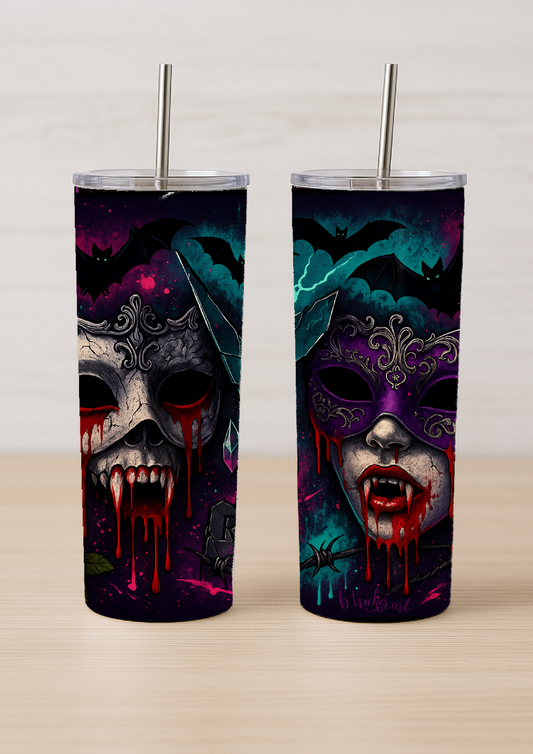 Gothic Vampire Mask 20oz Tumbler – Blood Drip Masks & Bats | Dark Fantasy Horror Design