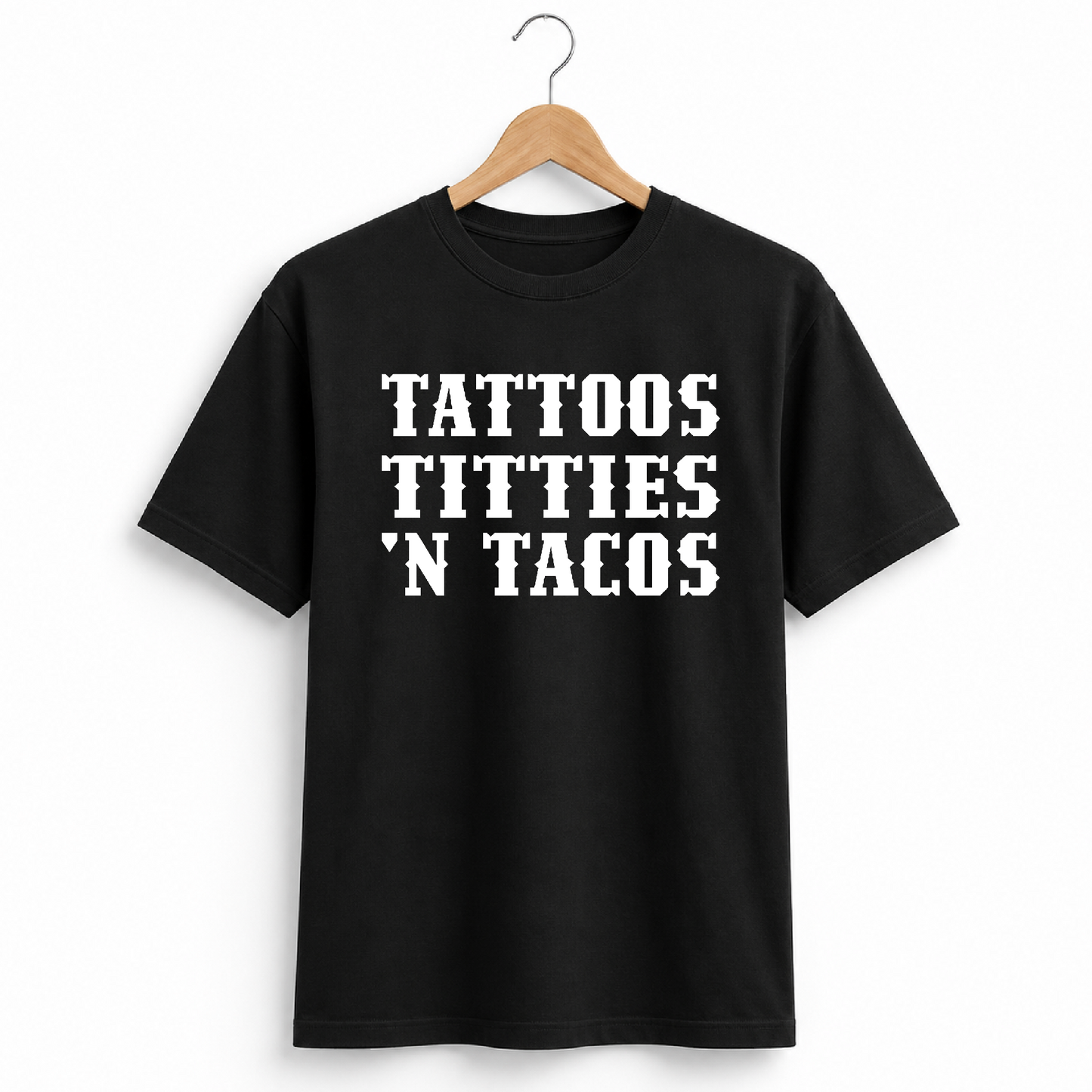 Tattoos Titties ’N Tacos T-Shirt | Funny Adult Humour Tee | Alternative Graphic Shirt | Tattoo Lover Gift