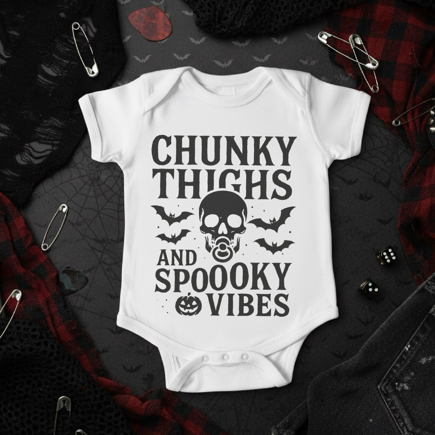 Chunky Thighs & Spooky Vibes Baby Vest | Funny Goth Babygrow | Alternative Baby Gift