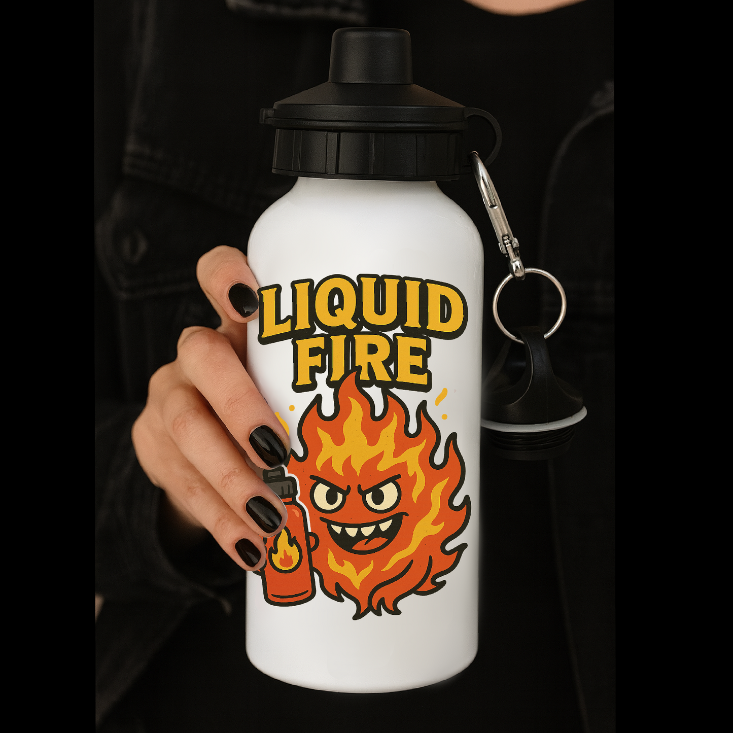 Metal Water Bottle – “Liquid Fire”- FunnyGothic Design – Insulated Reusable Flask for Spicy Souls & Hot-Drink Lovers