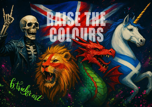 Raise the Colours Punk Rock Digital Art Print | Skeleton, Lion, Dragon & Unicorn UK Flag Wall Art | Alternative Gothic Printable Poster (digital download)