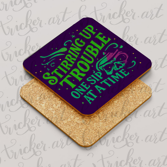 Stirring Up Trouble – Punk Rock Sarcasm Coaster | Gothic Coffee & Chaos Vibes