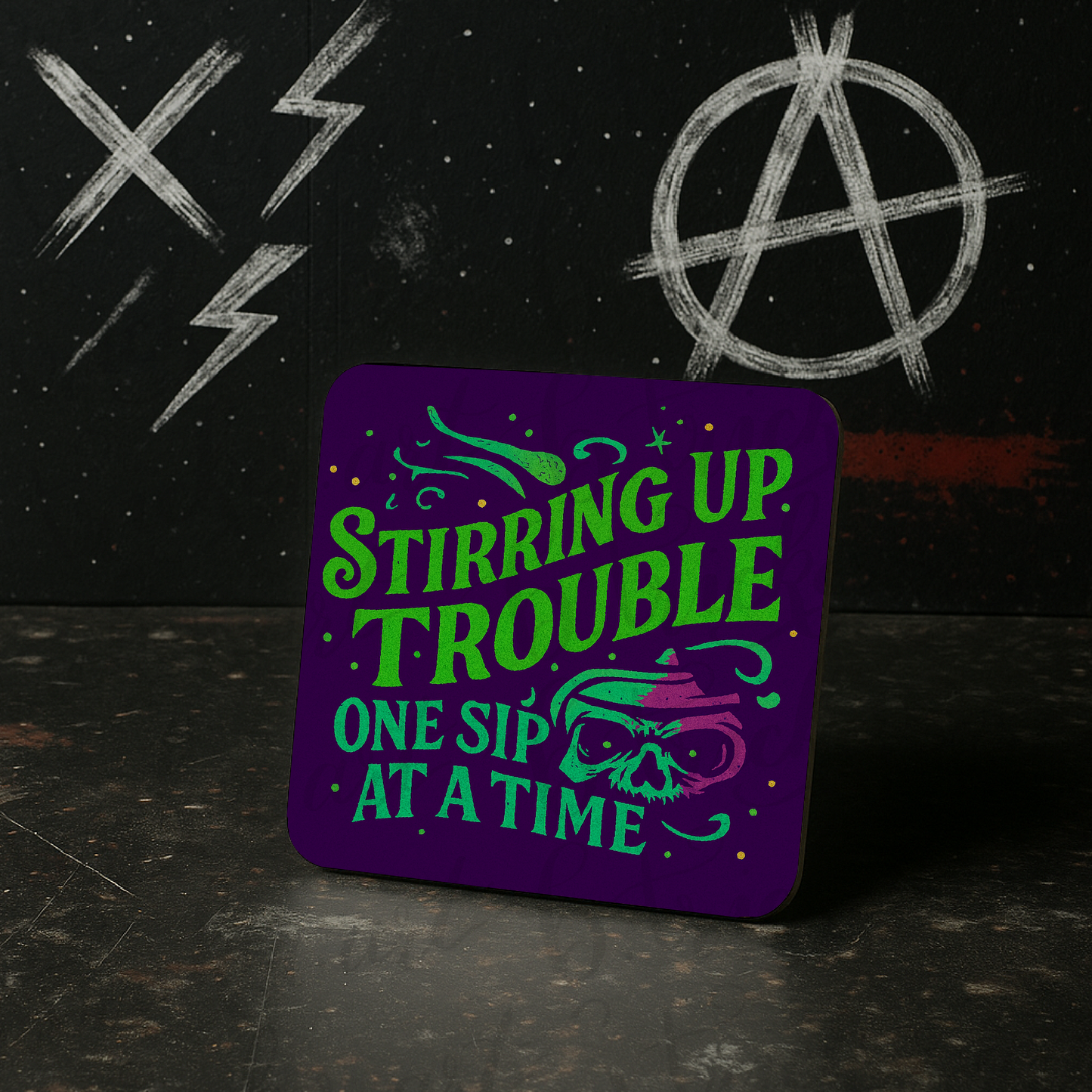 Stirring Up Trouble – Punk Rock Sarcasm Coaster | Gothic Coffee & Chaos Vibes