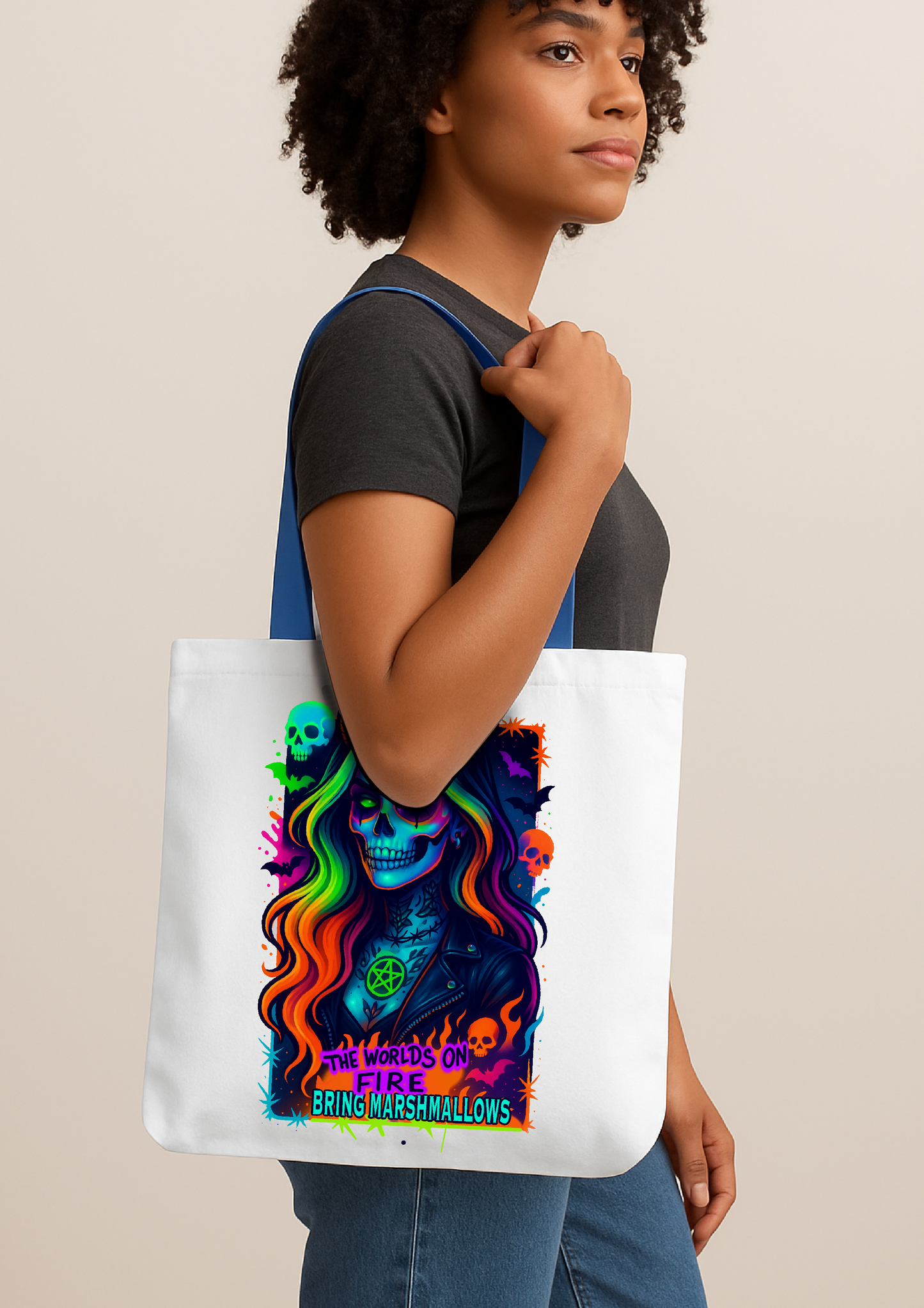 Tote Bag – Alternative Punk Rock Skull Design with Neon Colours “The World’s on Fire Bring Marshmallows”