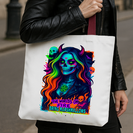 Tote Bag – Alternative Punk Rock Skull Design with Neon Colours “The World’s on Fire Bring Marshmallows”