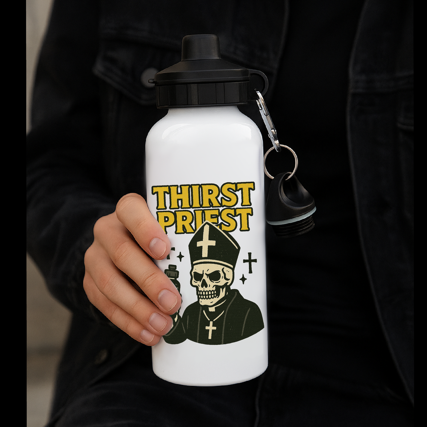 Water Bottle – “Thirst Priest” - Gothic Skeleton Pope Design – Reusable Insulated Metal Flask for Alternative Souls