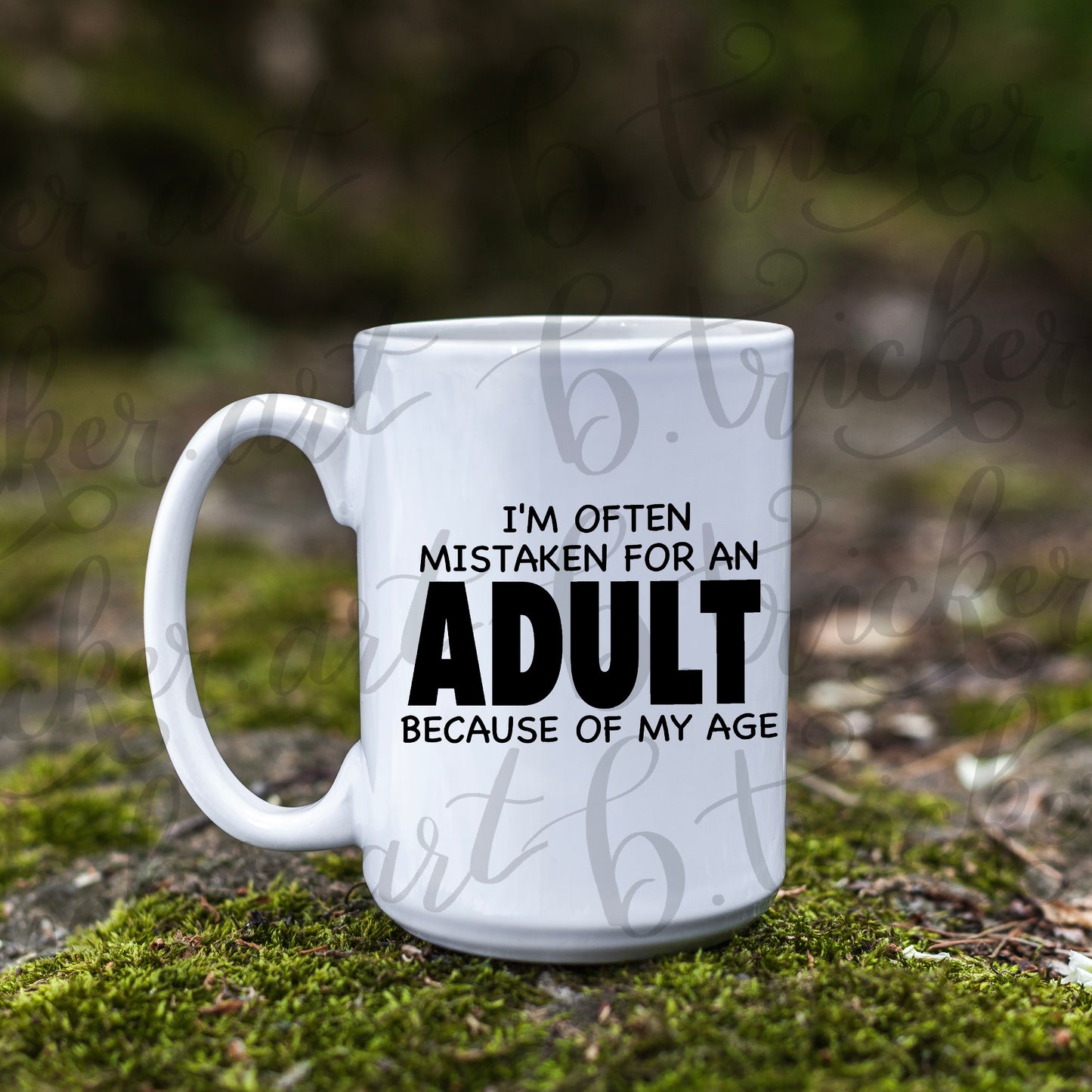 White mug with humorous text on a natural background