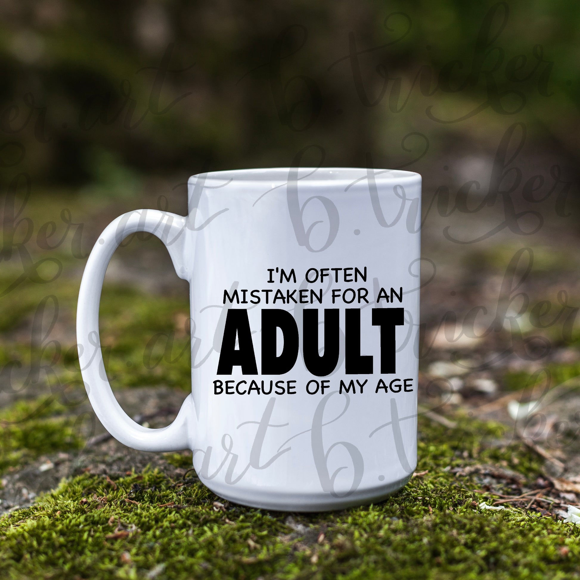 White mug with humorous text on a natural background